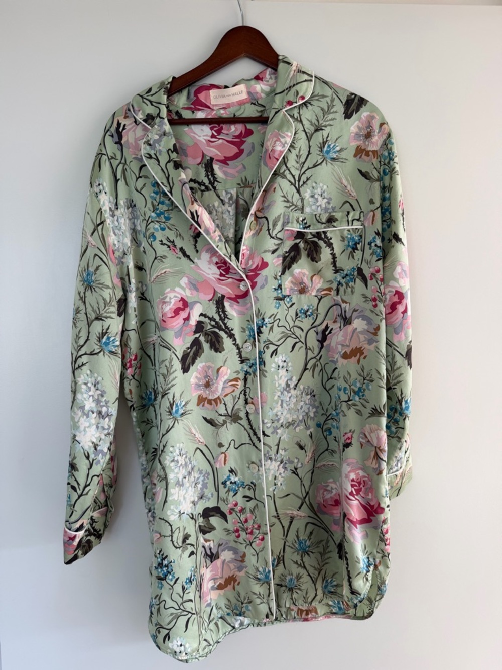 Olivia von Halle Floral Button-Up Satin Shirt - Mint Green with Pink Florals